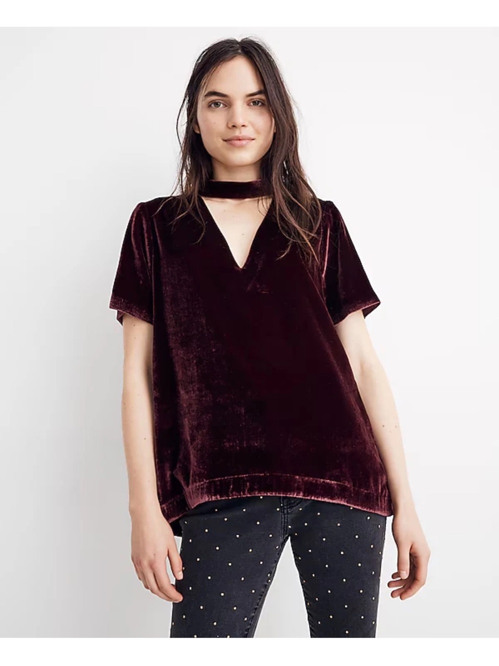 Madewell Burgundy Velvet Choker Relaxed Top Medium  EUC Short Sleeve Blouse